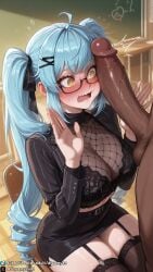 1girls ai_generated big_breasts big_penis blue_hair breasts clothed clothed_female curvy curvy_body curvy_female dark-skinned_male dreamyan_ai embarrassed flustered glasses goddess_of_victory:_nikke hi_res high_quality high_resolution highres huge_breasts imminent_sex interracial large_breasts nikke open_mouth penis_on_face privaty_(nikke) privaty_(sharp_lesson)_(nikke) sitting stockings surprised teacher thick_ass thick_thighs thighhighs thighs twintails uncensored yellow_eyes