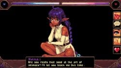1girls ass breasts dark-skinned_female dark_elf dark_skin dress elf elf_ears elf_female english_text female game_hud glasses looking_at_viewer pixel_art purple_hair sitting skirt solo thepixelartboy thick_thighs