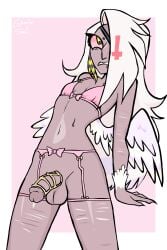 angel angel_wings bonespicule chastity_cage embarassed fallen_angel feathered_wings feathers flat_chest flat_chested futa_only futanari hazbin_hotel hazbin_hotel_(season_2) hellaverse pathetic self_harm_scars transfem vaggi_(hazbin_hotel) vaggie vaggie_(hazbin_hotel) vivziepop wings