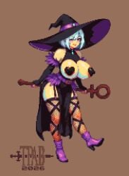 1girls big_breasts breasts erect_nipples female huge_breasts looking_at_viewer nipples pasties pixel_art shiny shiny_breasts shiny_skin shoulders staff succubus thepixelartboy wide_hips witch_hat