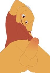 2026 absurd_res alternate_version_at_source anthro balls biped bird_dog black_eyebrows blush blush_lines bottomless bottomless_anthro bottomless_male butt butt_from_the_front canid canine canis censored_version_at_source clothed clothed_anthro clothed_male clothing digital_drawing_(artwork) digital_media_(artwork) domestic_dog erection eyebrows floppy_ears foreskin fur genitals glistening glistening_eyes glitch_productions gloves golden_retriever grifet hand_on_head handwear hi_res humanoid_genitalia humanoid_penis hunting_dog looking_at_genitalia looking_at_own_penis looking_at_penis looking_at_self male male_anthro mammal mismatched_genitalia mismatched_humanoid_penis mismatched_penis monotone_genitals monotone_penis open_mouth orange_balls orange_body orange_fur orange_nose orange_penis partially_retracted_foreskin penis red_clothing red_shirt red_t-shirt red_topwear retriever scratch_(tadc) shirt simple_background solo standing t-shirt the_amazing_digital_circus tongue topwear white_background white_clothing white_gloves white_handwear