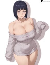 1girl 1girls ai_generated armpit_crease bangs bare_shoulders black_hair bob_cut boruto:_naruto_next_generations breasts cleavage closed_mouth collarbone curvy hi_res high_quality high_resolution highres hyuuga_hinata large_breasts legs_together light light_smile lips long_sleeves looking_at_viewer naruto naruto_(series) naruto_shippuden nose opal_nemy patreon_logo patreon_url patreon_username plain_background self_upload shadow shiny shiny_hair shiny_skin short_hair simple_background solo standing sweater thick_thighs thighs watermark white_background white_eyes white_sweater