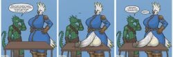 abs absurd_res anthro armor avian balls beak big_balls big_breasts big_penis bird blue_background breasts clothed clothing comic dialogue duo english_text furniture genitals glans green_body grey_glans gynomorph hi_res huge_balls huge_breasts huge_penis insult intersex intersex/male larger_intersex male muscular muscular_male onxel partially_clothed penis presenting presenting_penis reptile scalie simple_background size_difference smaller_male standing table text thick_thighs vein veiny_penis