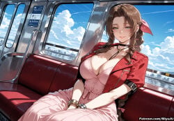 1girl aerith_gainsborough ai_assisted ai_generated bow braid breasts brown_hair choker cleavage cloud cloudy_sky cropped_jacket curvaceous curvy curvy_female curvy_figure dress female final_fantasy final_fantasy_vii final_fantasy_vii_remake green_eyes hair_ribbon jacket large_breasts long_dress long_hair looking_at_viewer miyuai parted_lips pink_bow pink_dress ribbon single_braid sitting sky smile solo thick thick_ass thick_butt thick_hips thick_legs thick_thighs voluptuous voluptuous_female wide_hips wide_thighs