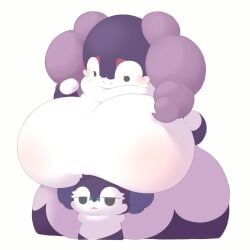 1boy1girl :> anthro anthrofied boob_hat breasts_bigger_than_head breasts_bigger_than_torso breasts_on_head cute dot_eyes featureless_breasts game_freak generation_8_pokemon grey_background hi_res hips_wider_than_shoulders hourglass_figure hourglass_figured_female huge_breasts hyper hyper_breasts hyper_hips indeedee larger_female mob_face nintendo pokemon pokemon_(species) pokemorph size_difference smaller_male thick_thighs two-tone_body white_background white_slime_(artist) wide_hips