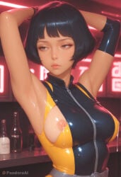 1girl absurd_res ai_generated alex_(totally_spies) armpits arms_up artist_name artist_upload belt black_hair blunt_bangs bob_cut bottle breasts brown_eyes closed_mouth covered_nipples gloves hi_res lactation large_breasts lips looking_to_the_side medium_breasts more_at_source nipple_slip nipples nose one_breast_out pandora patreon patreon_username self_upload shiny_skin short_hair sleeveless solo sweat totally_spies uncensored upper_body watermark zipper zipper_pull_tab