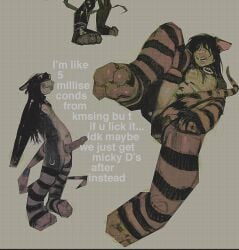 american_opossum anthro balls bite bren_(mourph) collar collar_only dithering facial_piercing feet foot_focus genitals hair hair_over_eyes holding_leg holding_own_leg humanoid_genitalia humanoid_penis male mammal markings marsupial mourph multi_nipple nipple_covers nipples nose_piercing nude penis piercing pubes septum_piercing solo standing striped_legs striped_markings striped_tail stripes tail tail_between_legs tail_markings text tongue tongue_bite tongue_out