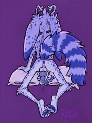 5_fingers absurd_res all_fours anthro anus backsack balls biped blue_body blue_fur bodily_fluids butt claws dipstick_ears ear_markings erection eyestalks feet finger_claws fingerpads fingers floppy_ears fluffy fluffy_tail fur fuzzmonster genital_fluids genitals hi_res holding_object holding_sex_toy knee_tuft knot knotted_penis leg_tuft littlestfuzz long_ears looking_back lop_ears male markings masturbation multicolored_ears nude pawpads paws pen_(artwork) penetrable_sex_toy penile penile_masturbation penis pillow plantigrade precum purple_background purple_penis rear_view sex_toy shoulder_blades simple_background skinny_anthro skinny_male soles solo spots striped_markings striped_tail stripes tail tail_markings tobi_(littlestfuzz) toe_claws traditional_media_(artwork) tuft