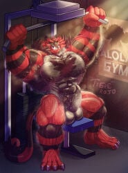 1397_david armpit armpit_hair armpits balls bara barazoku body_hair boner erection exercise furry hairy incineroar male male_only muscles muscular musk nintendo nude penis pokemon sitting solo solo_male spread_legs sweat sweating tiger