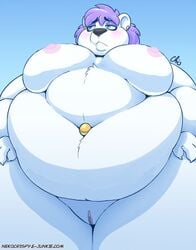 2019 bbw bear belly_button_piercing big_breasts big_stomach blue_eyes blush earrings edit embarrassed erect_nipples fat female female_focus female_only fur furry furry_only huge_breasts nekocrispy nude nude_edit obese obese_female overweight overweight_female pink_nipples polar_bear presenting purple_hair pussy simple_background snow_(nekocrispy) squish ssbbw thick_thighs ursid white_fur