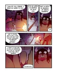 2_horns 6_panel_comic anthro antigonus_(t0l0k) armor big_penis black_hair blood blood_on_chest blood_on_face blood_on_head blood_on_wall blush blush_lines bodily_fluids bottomwear bovid bovine brown_body canid canine canis clothing comic confusion corpse dialogue dungeon ear_piercing english_text european_mythology eye_contact eyes_closed facial_piercing fire foreskin fur genitals gladiator_helmet glans greek_mythology grey_body grey_fur group hair head_horn headgear helmet hi_res holding_object holding_torch horn humanoid_genitalia humanoid_penis ineffective_clothing inside leather leather_strap loincloth long_hair looking_at_another macropod male mammal marsupial minotaur multiple_scenes muscular mythology nipples nose_piercing nose_ring pecs penis piercing question_mark quokka rhyme ring_piercing size_difference speech_bubble straps t0l0k text torch trio wolf