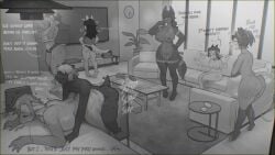 ambiguous_penetration anthro bent_over big_butt biped blush bodily_fluids bottomwear bovid breasts butt canid canine caprine cleavage clothed clothing detailed_background dialogue electronics eyes_closed female female_penetrated from_behind_position furniture group hi_res inside larger_female larger_penetrated looking_pleasured male male/female male_penetrating mammal nude on_table open_mouth penetration penile penile_penetration rodent sex sincrescent sitting size_difference smaller_male smile sofa sweat table tail television text thick_thighs topwear
