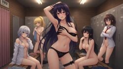 5girls ai_generated armpits ass_visible_through_thighs belly belly_button black_bra black_hair black_panties blonde_hair blue_eyes blushing brown_hair cameltoe changing_room female female_focus female_only glasses grey_hair hand_behind_head hand_between_legs hand_on_breast indoors kneehighs long_hair looking_at_viewer medium_breasts multiple_girls naked nipples one_breast_out open_mouth partally_visible_vulva shy sitting slender_body standing sweater thighband thin_female thin_waist tie towel underwear