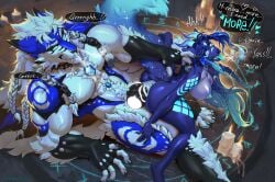 4_toes 5_fingers absurd_res ahegao anthro anthro_on_anthro anthro_penetrated anthro_penetrating anthro_penetrating_anthro anus arm_markings belly_gem big_breasts big_penis black_nose blue_body blue_fur bodily_fluids body_hair braided_hair breasts butt candle canid canine canis chest_gem clawing_at_ground claws collar collar_only collar_pull deaddomovec dialogue duo english_text fangs feet female female_penetrated finger_claws fingerless_(marking) fingers fur gem genital_fluids genitals gloves_(marking) glowing glowing_genitalia glowing_penis hair happy_trail hi_res hindpaw horn humanoid_hands knot knotted_penis larger_male leg_markings looking_pleasured lying magic magic_circle male male/female male_penetrating male_penetrating_female mammal markings multicolored_body multicolored_fur muscular muscular_anthro muscular_male navel nipples nude nude_anthro nude_female nude_male nyx_(icebounde) on_back paws penetration penile penile_penetration penis penis_in_vagina pubes purple_body purple_fur purple_hair scratches sex size_difference smaller_female smaller_penetrated snowstorm_(wolfxblade) speech_bubble steam_from_nostrils sweat tail teeth text thigh_markings toe_claws toes two_tone_body two_tone_fur vaginal vaginal_fluids vaginal_penetration vulva wearing_collar white_body white_fur white_hair wolf