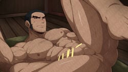 1boy abs ass bar_censor bara beard black_hair brown_eyes buzz_cut censored chest_hair completely_nude erection facial_hair feet_out_of_frame golden_kamuy highres kuroshinki large_pectorals long_sideburns lying male_focus male_only mature_male muscular muscular_male navel nipples nude on_back penis reward_available short_hair sideburns solo spread_legs stomach stubble tanigaki_genjirou thick_eyebrows thick_thighs thighs veins veiny_penis very_short_hair