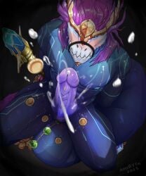 abs amiryth animal_genitalia anthro asian_mythology aurelion_sol_(lol) bdsm blue_body blue_nipples bodily_fluids bondage bone bound coin cum dragon east_asian_mythology eastern_dragon english_text erection genital_fluids genital_slit genitals gold_(metal) hair hi_res knot knotted_penis league_of_legends male male_anthro muscular muscular_anthro muscular_male mythological_creature mythological_scalie mythology nipples non-mammal_nipples object_in_ass one_eye_closed pecs penis riot_games scalie skull skull_head solo tail tencent text