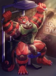 1397_david armpit armpit_hair armpits balls bara barazoku body_hair exercise flaccid furry hairy incineroar male male_only muscles muscular musk nintendo pantsless penis pokemon sitting solo solo_male spread_legs sweat sweating tank_top tiger