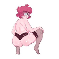 ass blue_eyes blush chubby chubby_female crouching dee glasses happy lingerie red_hair sabling smiling stockings