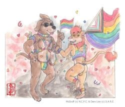 anthro bulge canid canine canis clothing collar confetti d.a.r.e. daren_the_lion detailed_bulge domestic_dog duo eyewear felid fennec_(artist) flag harness jockstrap kerchief leash lgbt_pride lgbt_pride_month lion male male/male mammal mane mcgruff_the_crime_dog open_mouth painting_(artwork) pantherine parade pride pride_color_flag pride_colors shirt sunglasses tail tank_top tongue tongue_out topwear traditional_media_(artwork) underwear watercolor_(artwork) wrist_warmers