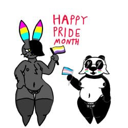 alex_(frutigooner) andromorph anthro bear belly black_body black_fur black_hair body_hair breasts chest_hair clothing eyewear female flag flat_chested frutigooner fur genitals giant_panda glasses grey_body grey_eyes grey_fur gynomorph hair hair_over_eye intersex lagomorph legwear lgbt_pride lgbt_pride_month lgbtq mammal mei_(frutigooner) nerd nonbinary_(lore) nonbinary_pride_colors pansexual_pride_colors penis pride_color_flag pride_colors pubes pubes_exposed thick_thighs thigh_highs trans_(lore) trans_woman_(lore) transgender_pride_colors vulva wearing_glasses white_body white_fur yellow_body