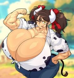 1girls background blurred_background breasts breasts_bigger_than_head brown_hair cleavage cow_horns cow_print cow_tail female flexing flexing_arm flexing_bicep gigantic_breasts horns hyper hyper_breasts jeans massive_breasts muscles muscular muscular_female one_eye_closed spintopple sukimi_(hataraki_ari) tail tongue tongue_out yellow_eyes