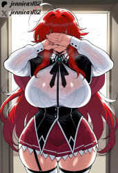 1girl ahoge ai_generated black_capelet black_ribbon blush bra bra_visible_through_clothes breasts brooch capelet clothing collared_shirt covered_eyes covering_face covering_own_eyes cowboy_shot curvy female garter_straps hair_between_eyes hair_intakes huge_ahoge huge_breasts indoors jennieart02 jewelry large_breasts legwear long_hair long_sleeves miniskirt neck_ribbon patreon patreon_logo patreon_username pleated_skirt red_hair red_skirt rias_gremory ribbon school_uniform see-through see-through_shirt shirt sidelocks skindentation skirt solo standing sweat thick_thighs thighhighs thighs twitter twitter_username underwear very_long_hair watermark wet wet_clothes white_shirt white_thighhighs wide_hips zettai_ryouiki