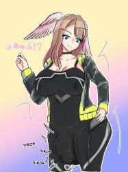 blue_eyes brown_hair bulge bulge_through_clothing cum_leaking cum_leaking_from_clothes dickgirl eunie_(xenoblade) fully_clothed futanari head_wings high_entia large_breasts large_penis looking_at_viewer monado17 self_upload smirking smug throbbing_cock throbbing_penis xenoblade_(series) xenoblade_chronicles_3