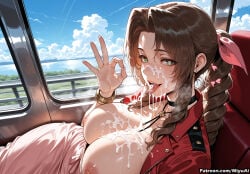1girl aerith_gainsborough ai_assisted ai_generated artist_name bangs blue_sky blush bracelet braid breasts breasts_outside brown_hair choker cleavage cloud cloudy_sky collarbone cum cum_in_mouth cum_on_body cum_on_breasts cum_on_hair cum_on_tongue cum_on_upper_body curvaceous curvy curvy_female curvy_figure day dress facial female final_fantasy final_fantasy_vii final_fantasy_vii_remake green_eyes hair_ribbon heart-shaped_pupils indoors jacket jewelry large_breasts long_hair looking_at_viewer miyuai necklace nipples open_clothes open_mouth ribbon sky smile solo symbol-shaped_pupils thick thick_ass thick_butt thick_hips thick_legs thick_thighs tongue tongue_out voluptuous voluptuous_female watermark wide_hips wide_thighs window