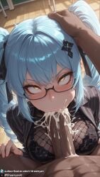 1girls ahe_gao ahegao ahegao_face ai_generated big_breasts blowjob blue_hair breasts cheek_bulge clothed clothed_female cum cum_in_mouth curvy curvy_body curvy_female dark-skinned_male deepthroat dreamyan_ai excessive_cum fellatio fishnet glasses goddess_of_victory:_nikke head_grab hi_res high_quality high_resolution highres huge_breasts interracial irrumatio large_breasts male_pov nikke oral oral_sex pleasure_face pov privaty_(nikke) privaty_(sharp_lesson)_(nikke) stockings teacher thick_ass thick_thighs thighhighs thighs twintails uncensored yellow_eyes