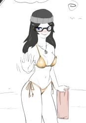 2026 beach beach_towel beanie bikini bikini_strings bird black_hair blue_eyes blushing blushing_at_viewer cloud cobra_(drawfag) golden_bikini golden_week holding_object light-skinned_female light_skin long_hair medium_breasts navel necklace pale-skinned_female pale_skin shy simple_background slim_waist smile smiling smiling_at_viewer soyjak.party soytan waving waving_at_viewer