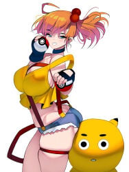 1girl ass asymmetrical_hair bare_shoulders blue_eyes breasts choker cleavage crop_top denim denim_shorts fingerless_gloves gen_1_pokemon gloves grin gym_leader hair_bobbles hair_ornament highres holding holding_poke_ball kasumi_(pokemon) kouno_(masao) large_breasts looking_at_viewer masao micro_shorts midriff misty_(pokemon) nintendo orange_hair pikachu poke_ball poke_ball_(basic) pokemon pokemon_(anime) pokemon_(classic_anime) pokemon_red/green/blue/yellow ponytail portrait shirt short_shorts shorts side_ponytail skindentation smile strap_slip suspender_shorts suspenders tank_top thigh_strap thighs wardrobe_malfunction yellow_shirt
