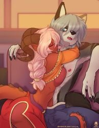 anthro avencri black_nose bottomwear breasts bulge canid canine canis claws clothed clothing detailed_bulge duo female finger_claws fingers fur genital_outline grey_body grey_fur grey_hair hair hi_res horn hug humanoid humanoid_on_anthro interspecies joshua_(ghostbane) male male/female mammal nipples pants penis_outline skirt tail tiefling topless topless_anthro topless_male white_hair wolf