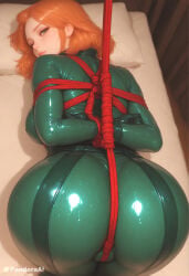 1girl absurd_res ai_generated arms_behind_back artist_name artist_upload ass ass_focus bdsm bodysuit bondage bound bound_arms breasts crotch_rope from_behind gloves green_bodysuit green_eyes hi_res large_breasts latex latex_bodysuit lips looking_at_viewer looking_back medium_hair more_at_source on_bed one_eye_closed orange_hair pandora patreon patreon_username pillow red_rope restrained rope sam_(totally_spies) self_upload shibari shibari_over_clothes skin_tight solo top-down_bottom-up totally_spies uncensored watermark