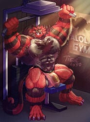 1397_david armpit armpit_hair armpits balls bara barazoku body_hair bulge exercise flaccid furry hairy incineroar jockstrap jockstrap_only male male_only muscles muscular nintendo penis pokemon sitting solo solo_male spread_legs sweat sweating tiger