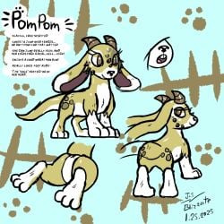 1:1 2025 anus big_ears big_feet blizzate bovid brown_eyes caprine character_name chimera dated digital_media_(artwork) english_text feet feral foot_fetish fur goat heel horn hybrid lagomorph leg_markings leporid long_ears mammal markings model_sheet paws pompom_(blizzate) quadruped rabbit socks_(marking) soles solo text toony unknown_species white_markings x_anus yellow_body