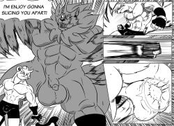 abs anthro ball_punching ballbusting balls balls_shot bottomwear bulge canid canine canis claws clothed clothed_anthro clothed_male clothing cock_and_ball_torture comic crotch_tuft dialogue duo english_text fight flaccid genital_shot genital_torture genitals glans gloves hair handwear hatching_(art) jiggling_balls loincloth looking_back male male/male male_anthro mammal monochrome mostly_nude mostly_nude_anthro mostly_nude_male mouse murid murine muscular muscular_male pain pecs penis punch reagan700 rodent ruff shaded size_difference speech_bubble tail teeth text tongue tongue_out topless topless_anthro topless_male tuft wolf wristband