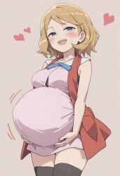 blue_eyes brown_hair brunette enjoying_pregnancy female holding_pregnant_belly looking_at_viewer pokemon pokemon_protagonist pokemon_xy pregnant pregnant_belly pregnant_female serena_(pokemon)