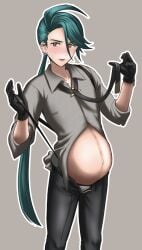elite_four enjoying_pregnancy green_hair green_hair_female pokemon pokemon_sv pregnant pregnant_belly pregnant_female red_eyes red_eyes_female rika_(pokemon) undressing undressing_self