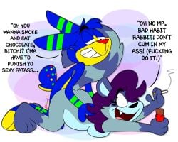 absurd_res anal anal_penetration anthro candy cigarette dessert doggystyle duo e777 english_text female female_penetrated food from_behind_position hi_res lagomorph leporid male male/female male_penetrating male_penetrating_female mammal penetration penile penile_penetration penis_in_ass procyonid profanity rabbit raccoon sex smile tail_wrapped_around text
