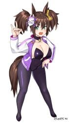 1girl 1girls animal_ear_fluff animal_ears animal_tail background black_legwear black_leotard black_pantyhose black_stockings black_tights black_topwear blank_background brown-haired_female brown_hair character_request coat copyright_request green-eyed_female green_eyes inari_one_(umamusume) jacket legwear leotard monotone_background one_color_background open_coat open_jacket open_mouth open_mouth_smile pantyhose parted_lips plain_background solid_color_background stockings tied_hair tights tongue topwear twintails twintails_(hairstyle) umamusume white_background