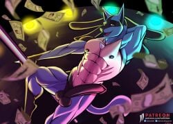 abs anthro balls dancing generation_4_pokemon genitals hi_res humanoid_genitalia iudicium86 lucario male money muscular nintendo penis pokemon pokemon_(species) pole solo stage stripper stripper_pole