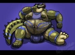 alligator alligatorid anthro arm_hair armpit_hair beard belly belly_hair big_belly big_bulge big_nipples body_hair bulge chest_hair crocodilian detailed_bulge eyewear facial_hair facial_piercing feet glasses hairy hi_res huge_bulge long_tail looking_at_viewer male markings moobs navel neth_rusiki_azhti nethgoorat nipples nose_piercing nose_ring overweight overweight_male piercing reptile ring_piercing scalie scratching_neck septum_piercing septum_ring sitting smile solo spikes tail