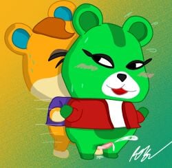 animal_crossing anthro blush blush_lines bodily_fluids clothing cricetid cum duo ejaculation fan_character female fur genital_fluids genitals green_body green_fur hamlet_(animal_crossing) hamster hi_res jacket looking_back looking_pleasured male male/female mammal nintendo orange_body orange_fur penis red_clothing red_jacket red_topwear rob-posa rodent sex simple_background standing standing_sex sweat sweatdrop thrust_lines topwear trixie vaginal_fluids vulva