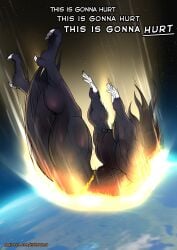 1girls abs anthro areolae avian biceps big_breasts black_hair breasts burning burning_clothes busty comic comic_page demon demon_girl dialogue earth eyes_closed falling female female_only fire furry furry_only helluva_boss huge_breasts large_breasts massive_breasts mrmelted muscular muscular_female nipples octavia_(helluva_boss) planet png side_view solo space starbreaker swimsuit tail_feathers talking_to_self text thick_thighs thunder_thighs topless topless_female wide_hips
