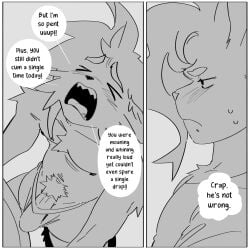 1:1 2026 anthro blush blush_lines bodily_fluids border bulge clothed clothed_male clothing comic detailed_bulge dialogue domestic_cat duo english_text erection erection_under_clothing errato_(noirzvault) eyes_closed felid feline felis genital_outline genitals hair hi_res high-angle_view male mammal monochrome navel nerunaur nipples open_mouth penis penis_base penis_outline pubes requesting sex_request sharp_teeth signature simple_background speech_bubble spot_(noirzvault) standing sweat sweatdrop teeth text thought_bubble tongue underwear underwear_only white_border