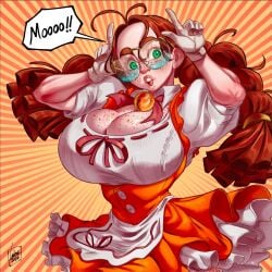 1girls anna_miller big_hair cleavage cowboy_shot forehead francesca_faraday freckles_on_breasts freckles_on_face glasses green_eyes large_breasts looking_at_viewer lukex8a open_mouth pose red_hair simple_background solo twin_braids waitress_uniform white_gloves