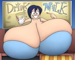 1girls billboard blue_hair breasts cleavage colossal_breasts drink_milk female female_focus female_only glass_of_milk go!_go!_hypergrind hyper_breasts large_breasts milk smiling