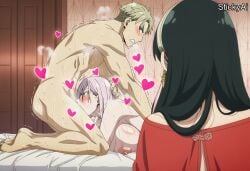 1boy 2girls accurate_art_style ai_generated anime_coloring caught caught_in_the_act completely_nude completely_nude_female cuckquean curvy fiona_frost implied_sex indoors large_breasts loid_forger long_hair mature_female netorare nipples ntr sex spy_x_family stickyai walk-in walked_in_on yor_briar yor_forger
