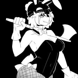 aged_up animalmace bow bowtie breasts bunny_ears bunny_girl bunny_hat bunny_tail bunnysuit copper_golem fishnet_legwear fishnets holding_axe legwear mcyt minecraft minecraft_youtubers oxy_(animalmace) rabbit_ears rabbit_girl rabbit_hat rabbit_tail ribbon_bondage smile smiling smirk the_copper_age_(minecraft)