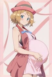 blue_eyes brown_hair brunette enjoying_pregnancy female holding_pregnant_belly pokemon pokemon_protagonist pokemon_xy pregnant pregnant_belly pregnant_female serena_(pokemon)